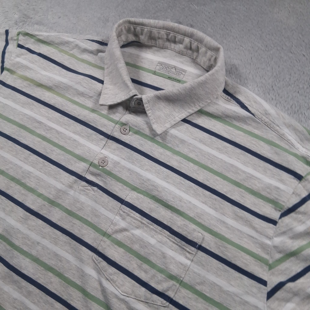 Patagonia Squeaky Clean Polo Shirt Mens Large Gray Green Blue Stripe Pocket